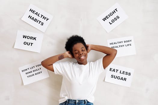 Smiling woman embracing positive lifestyle with healthy living messages around her.